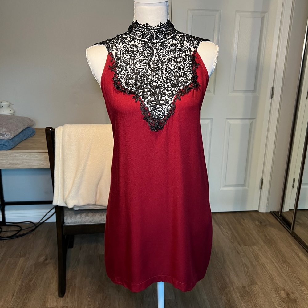 Audrey 3+1 Tied Lace Neck Dress - Merlot Red and Black Size S